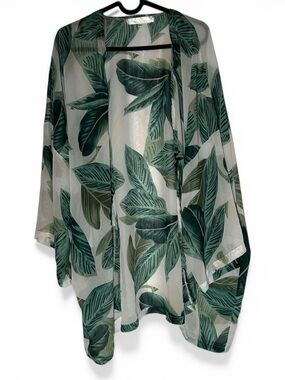 Sheer Green Leaf Print Kimono Cover-Up